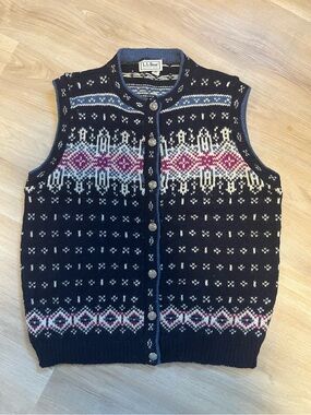 Vintage L.L. Bean Womens Navy Fair Isle Wool Knit Vest XL